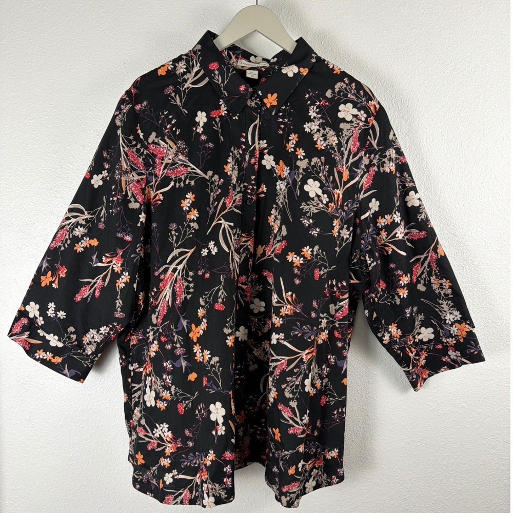 Coldwater Creek Womens 3X Black Floral 100% Cotton Button Up 3/4 Sleeve Blouse